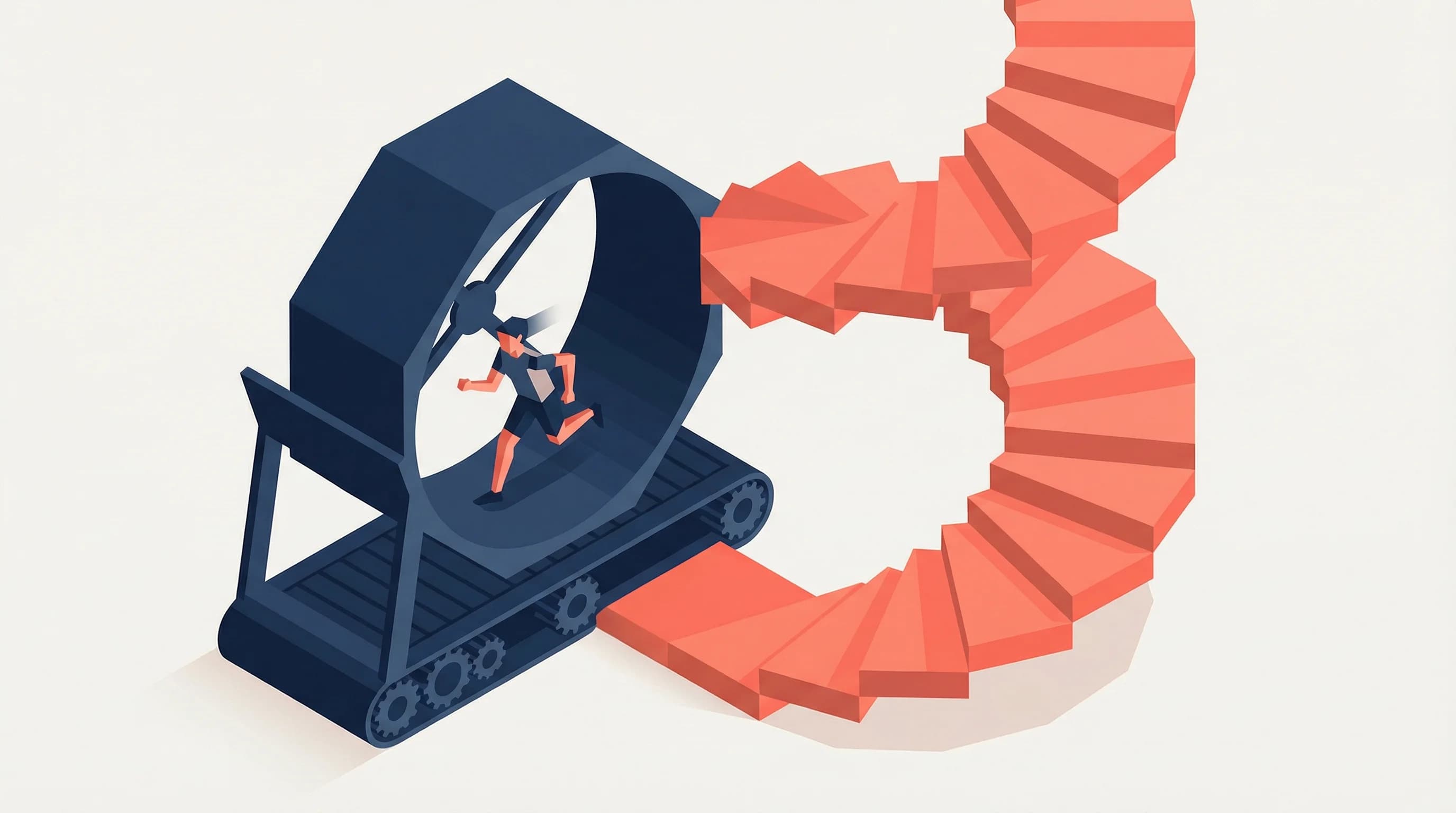 Isometric illustration of a treadmill versus a spiral staircase representing speed versus learning