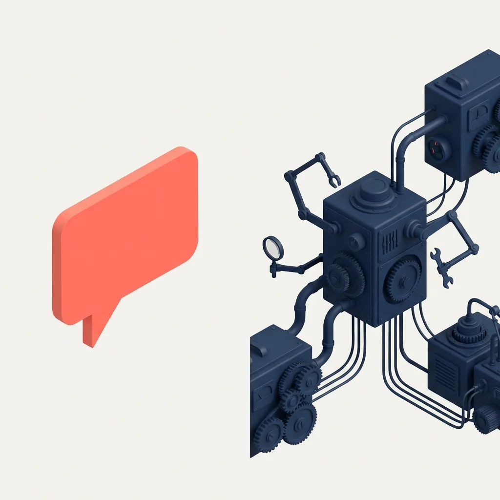Isometric illustration comparing a simple chat bubble to a complex multi-tool agent machine