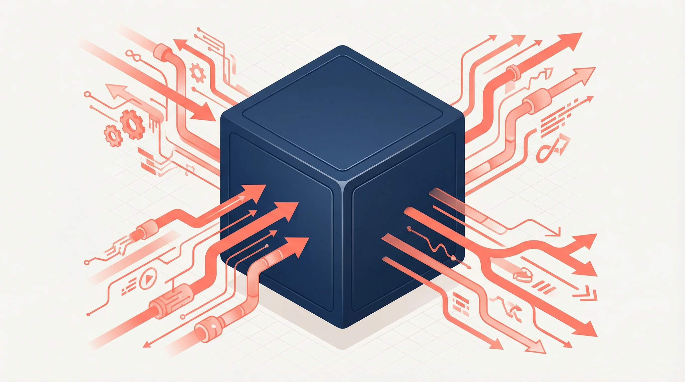 Isometric illustration of an opaque navy cube with coral inputs and outputs flowing around it