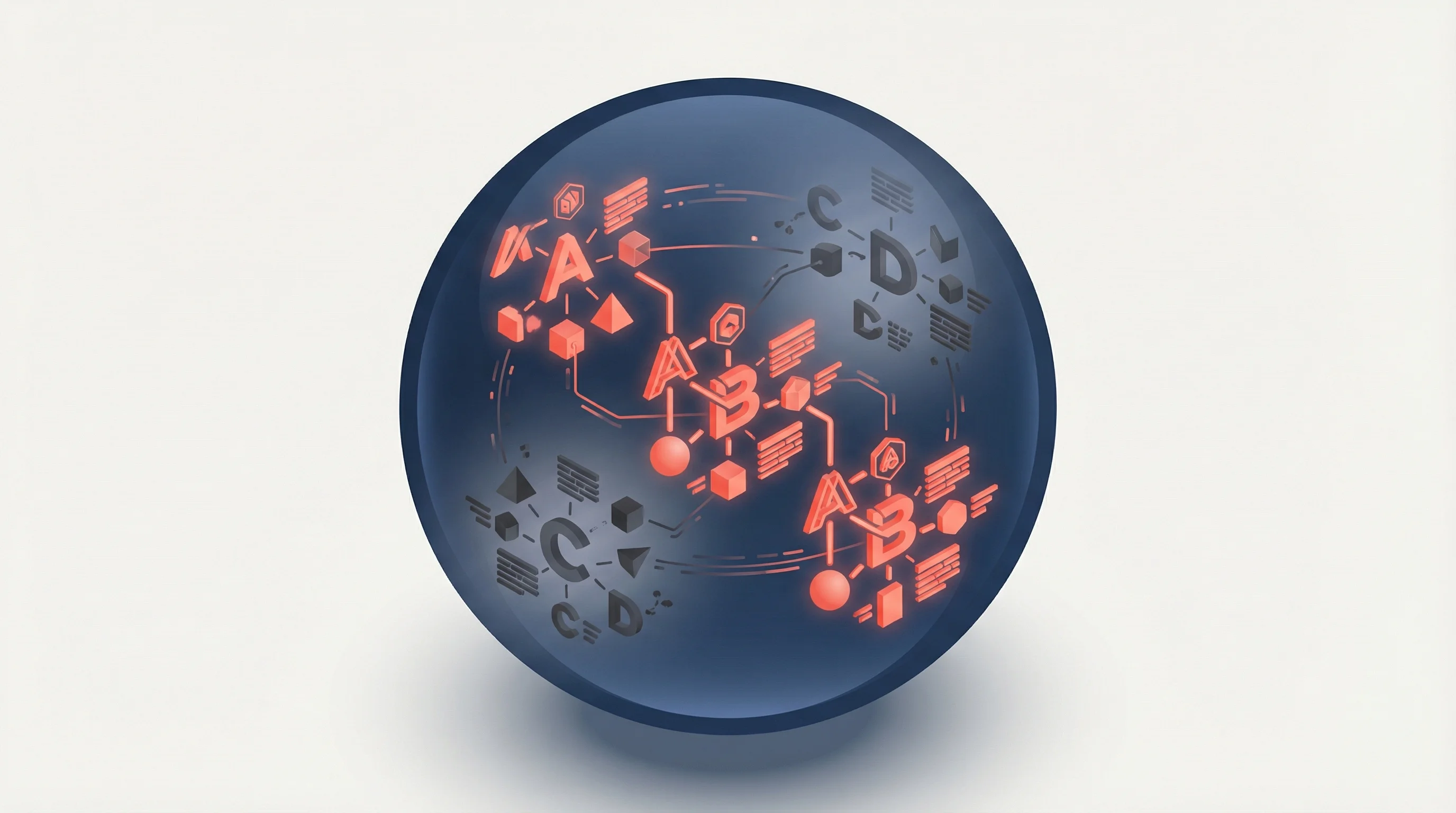 Isometric illustration of brand elements floating inside a translucent model sphere