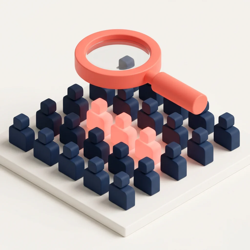 Isometric illustration of a magnifying glass finding matching profiles in a grid