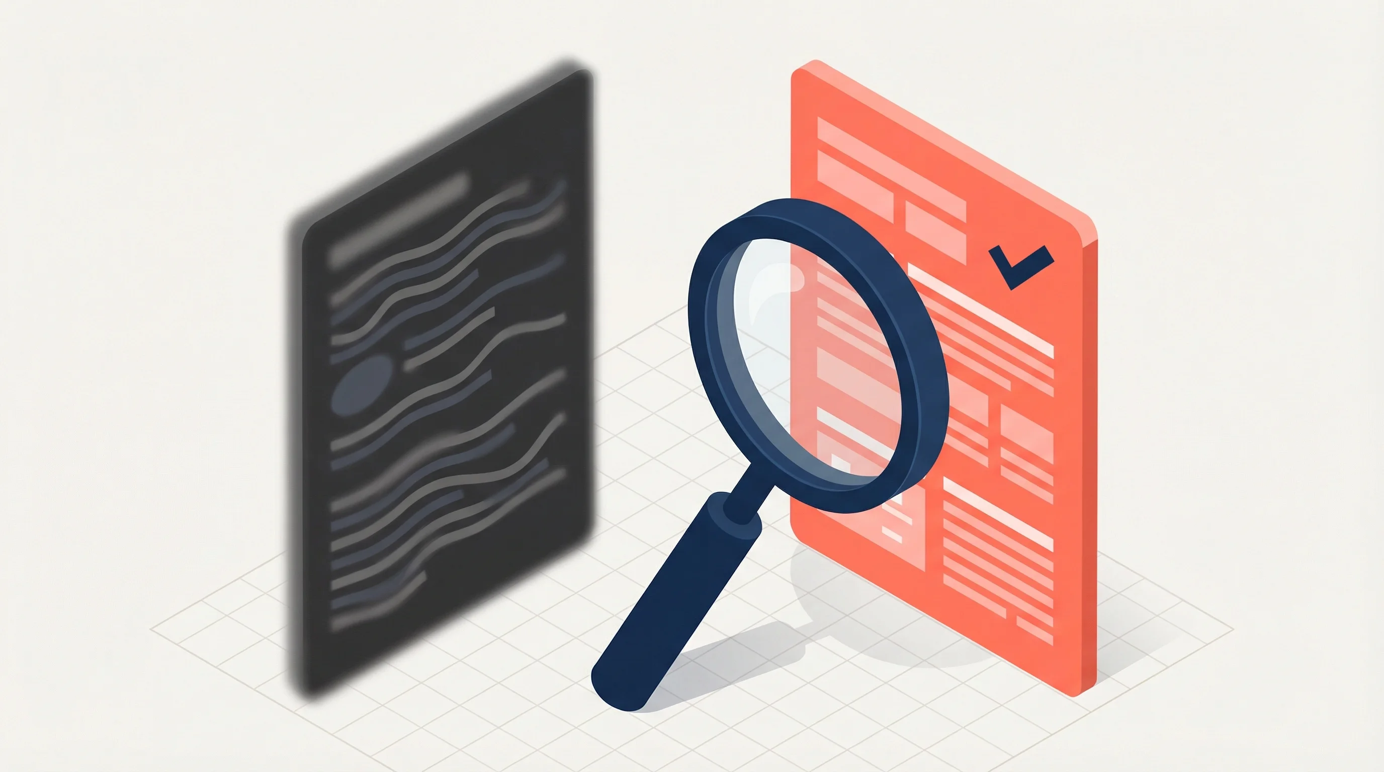 Isometric illustration comparing vague and engineered descriptions with a focusing lens
