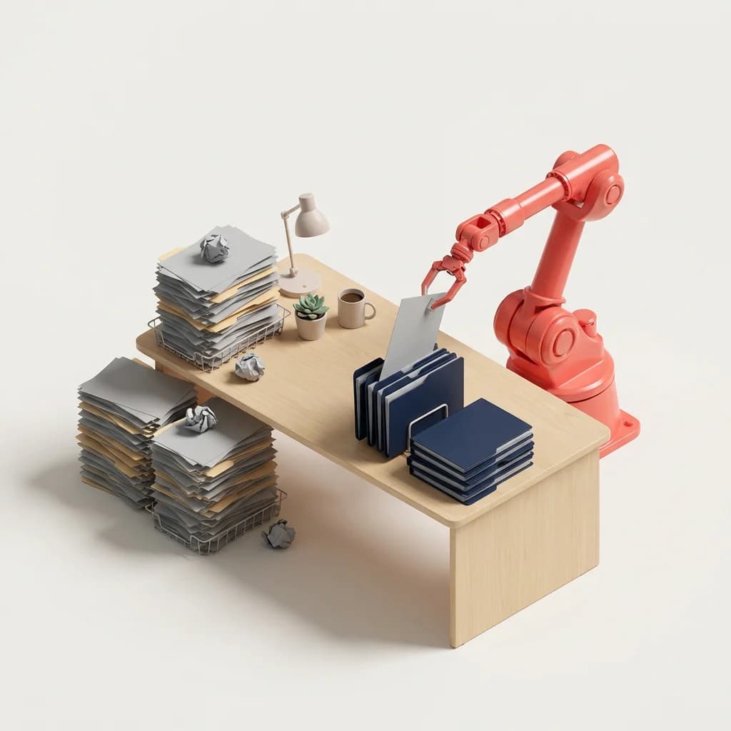 Isometric illustration of a desk buried in papers with a coral robot arm organizing stacks
