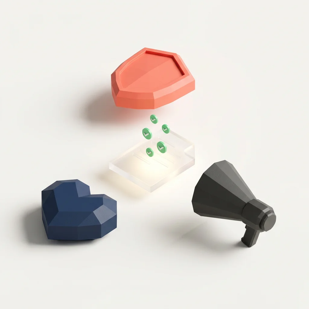 Isometric illustration of three geometric reviewer shapes voting on a document