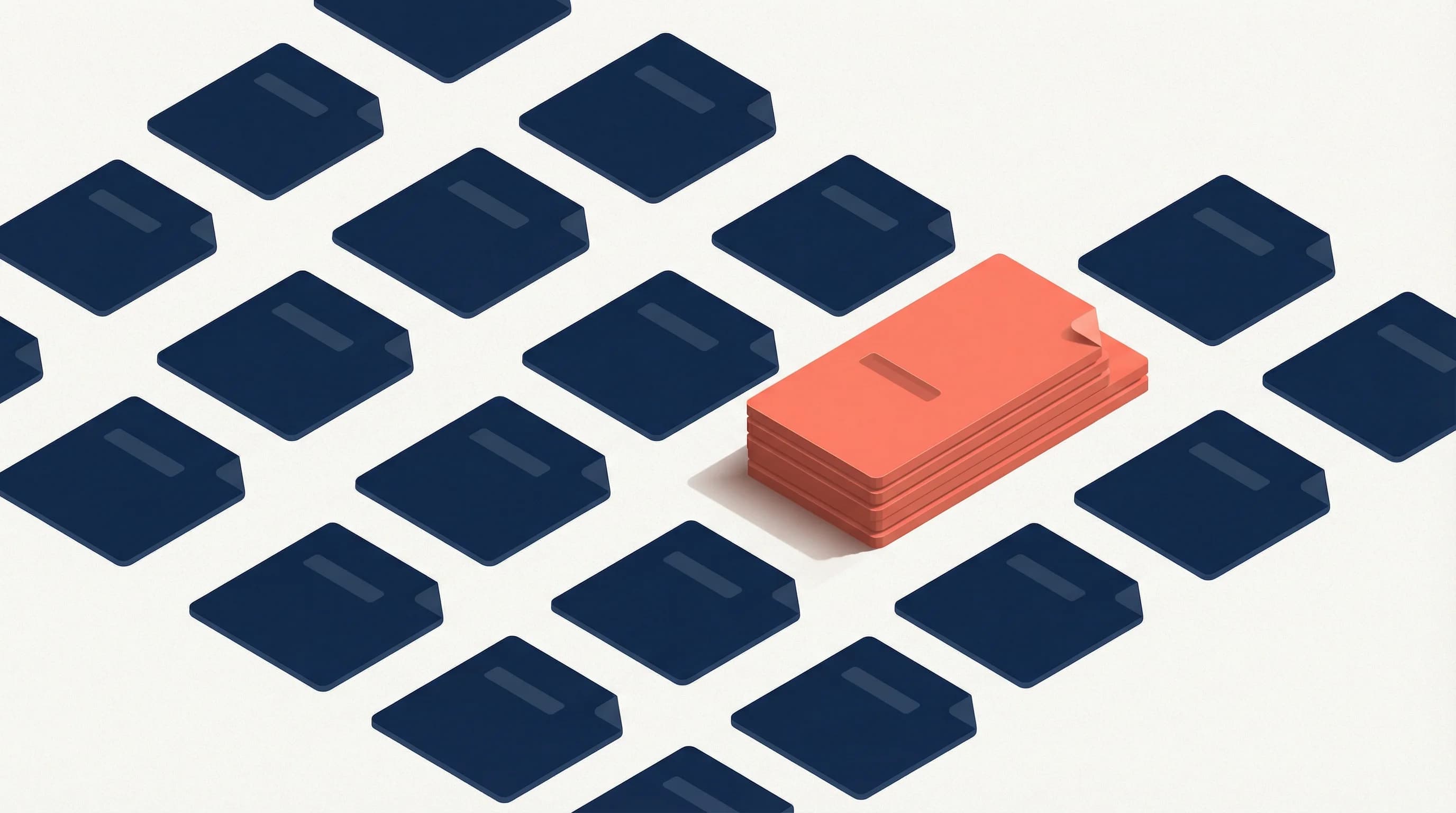 Isometric illustration of identical navy documents with one coral standout representing proof-backed content