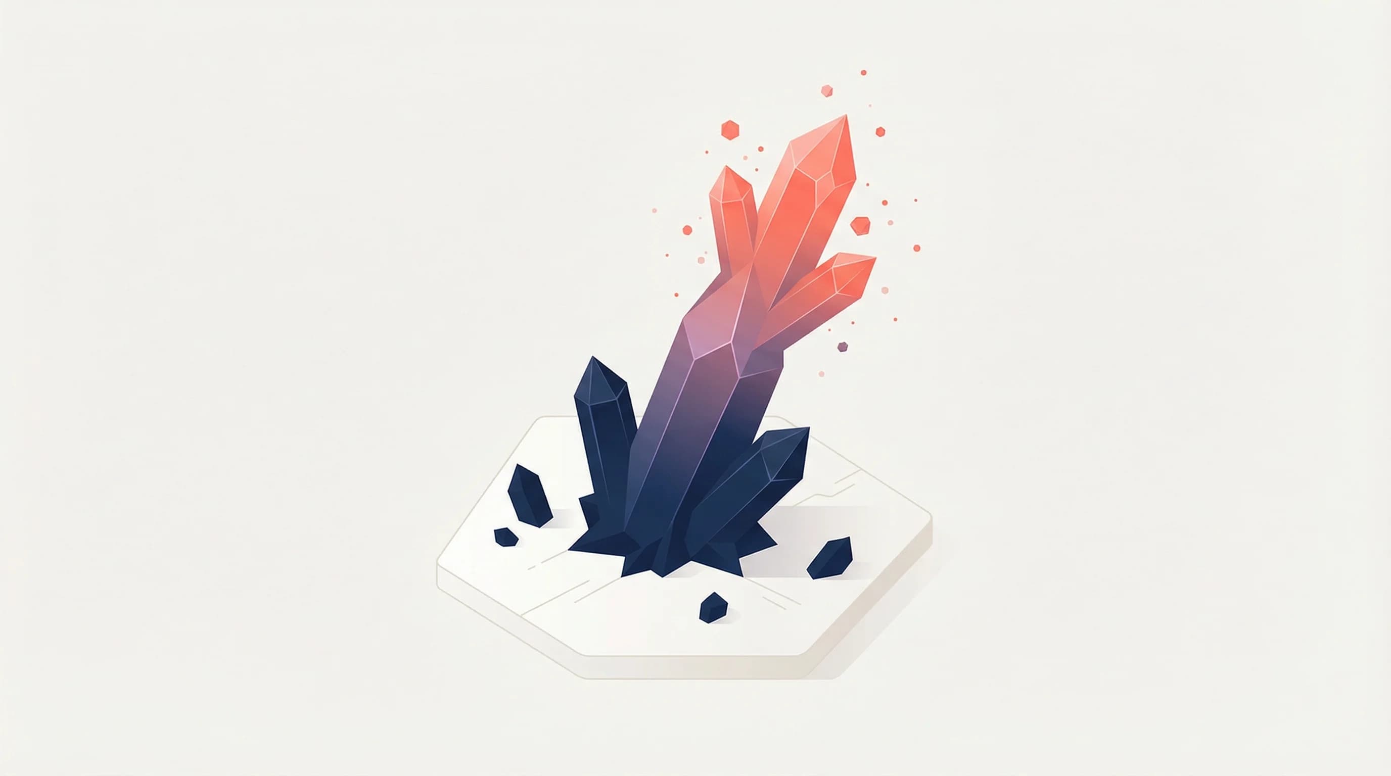 Isometric crystal formation growing from navy base to coral tip representing narrative solidification