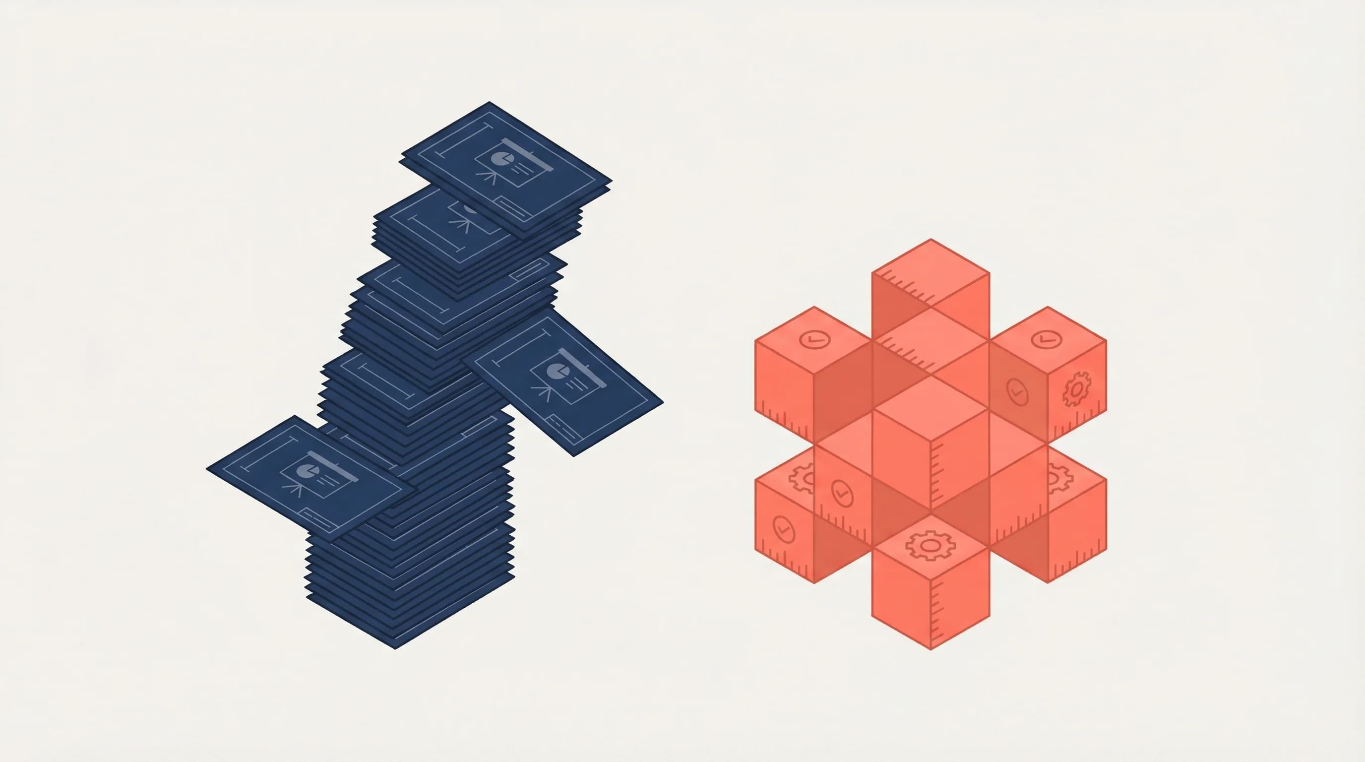 Isometric illustration of an unstable pitch deck tower beside a solid evidence structure