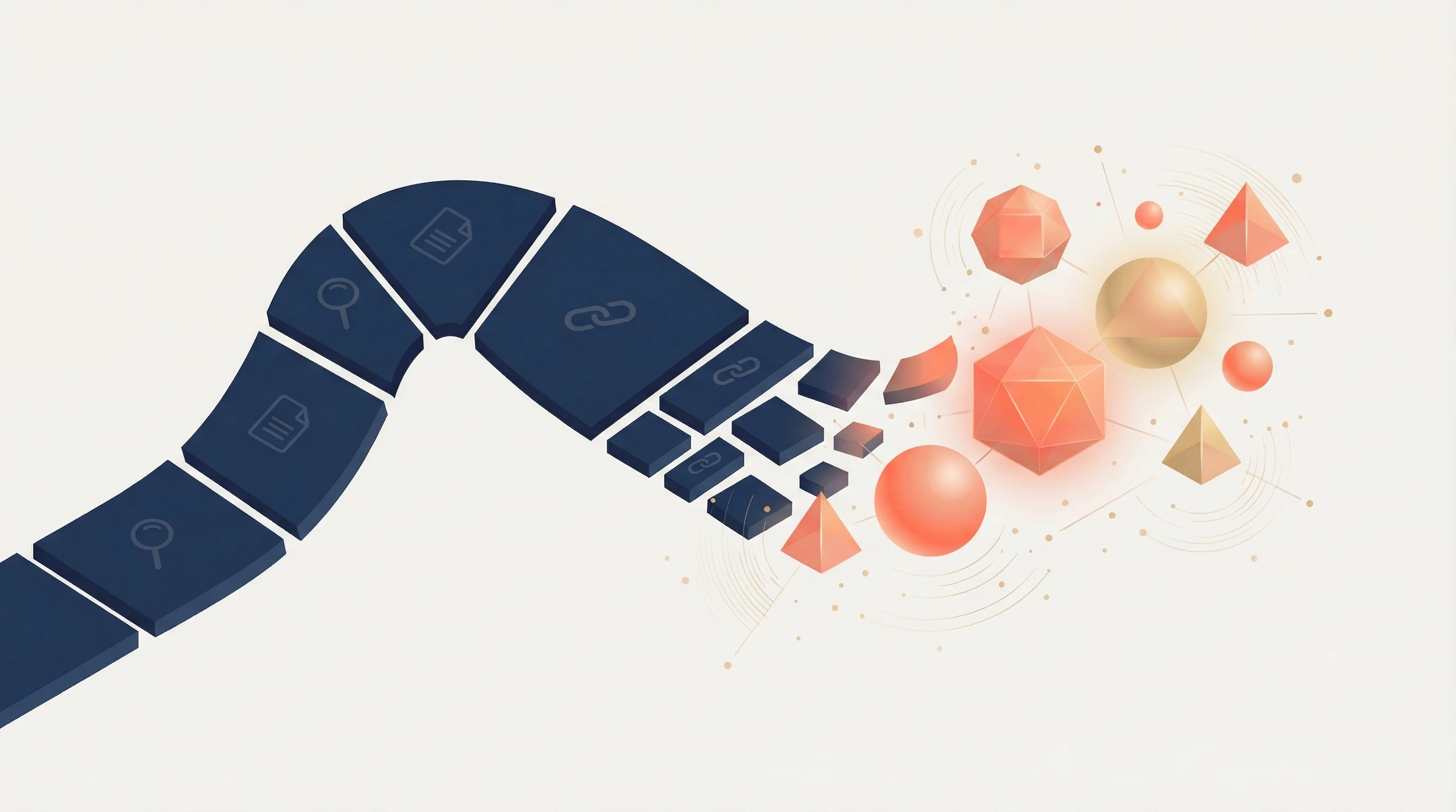 Isometric illustration of SEO transitioning to GEO with flat keywords becoming dimensional meaning space