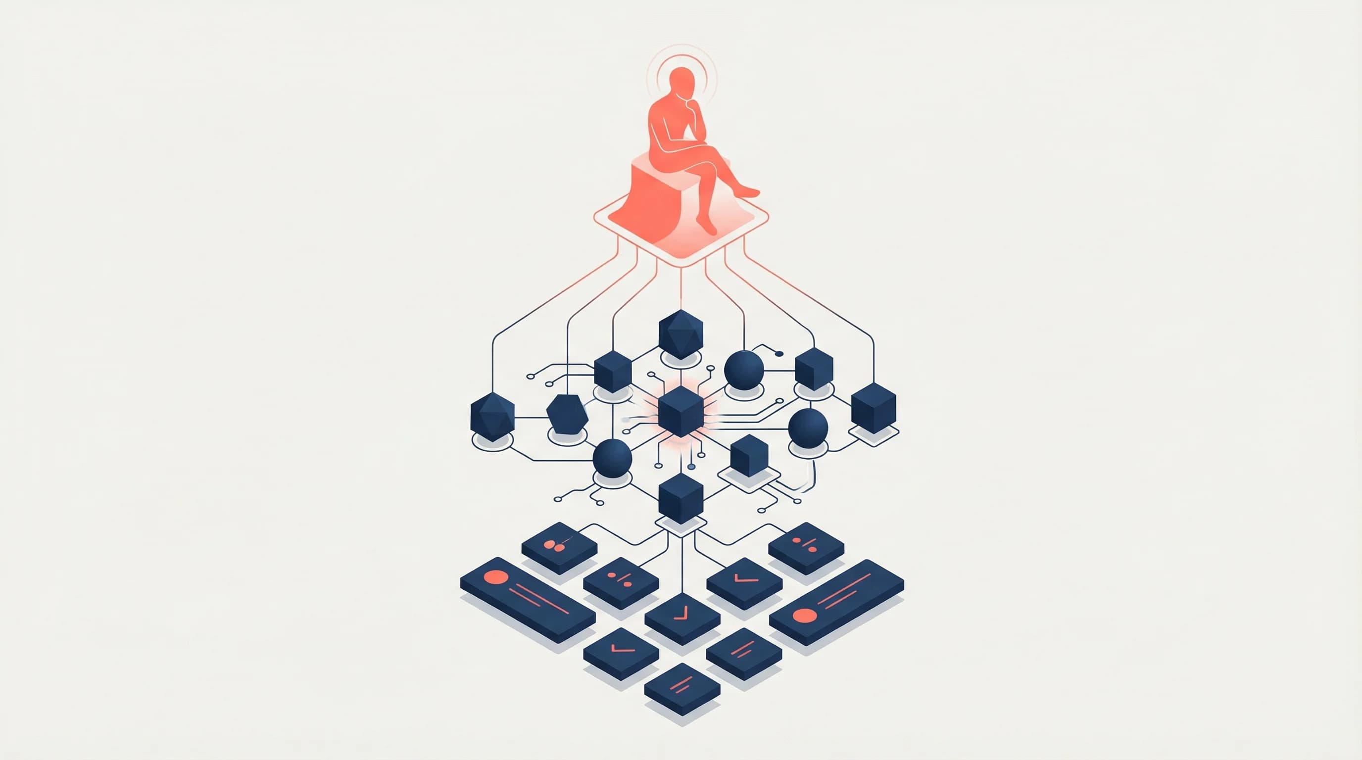 Isometric illustration of an AI automation agency structure with human direction, agent execution, and measured results